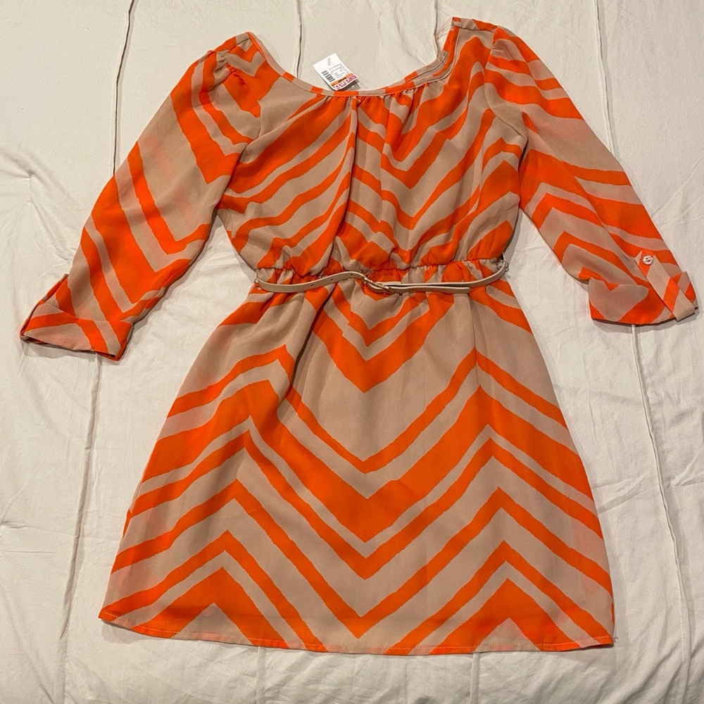 Woman's Small Tan and Orange belted chevron striped Dress.